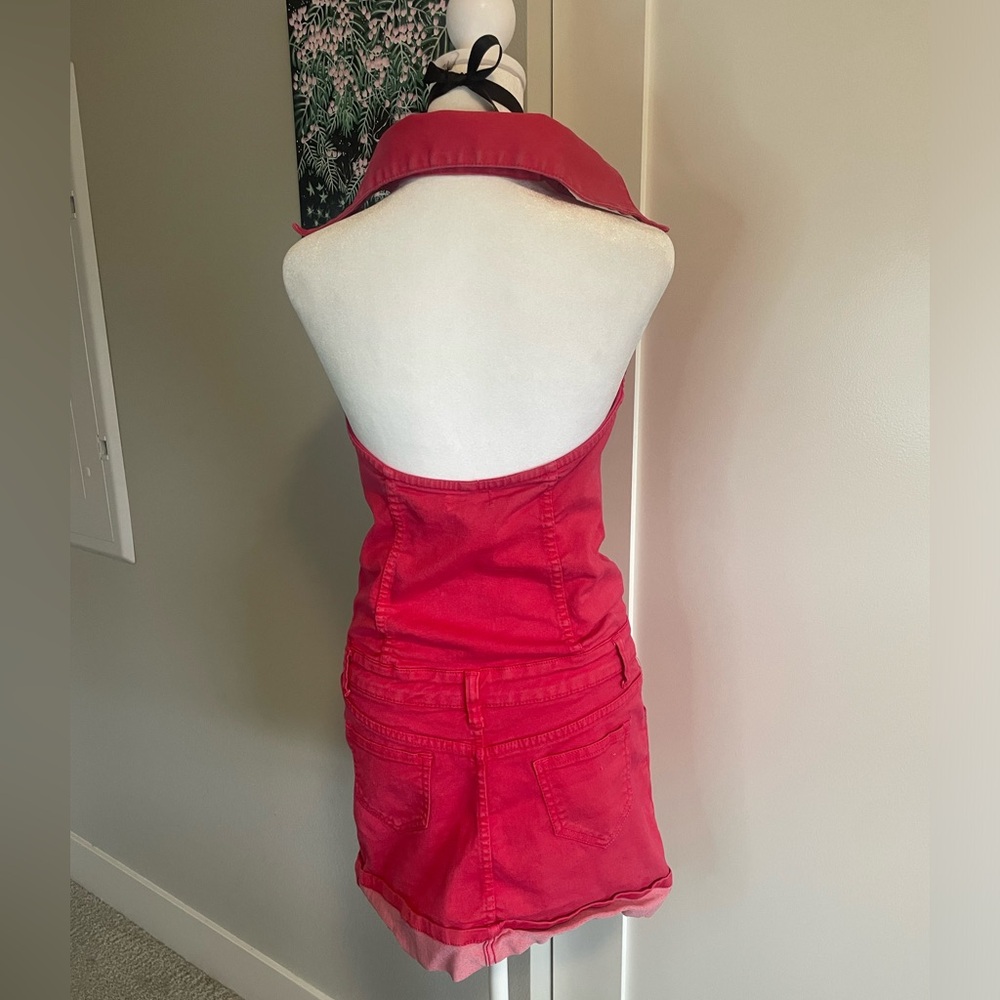 (Sold)pink bebe slee collar sleeveless halter denim dress - Picture 4 of 5